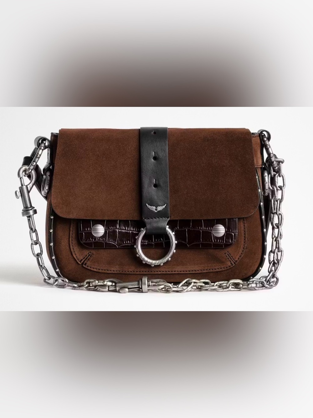 RARE Zadig & Voltaire Brown Suede & Black Leather Accent Messenger Bag Kate Moss